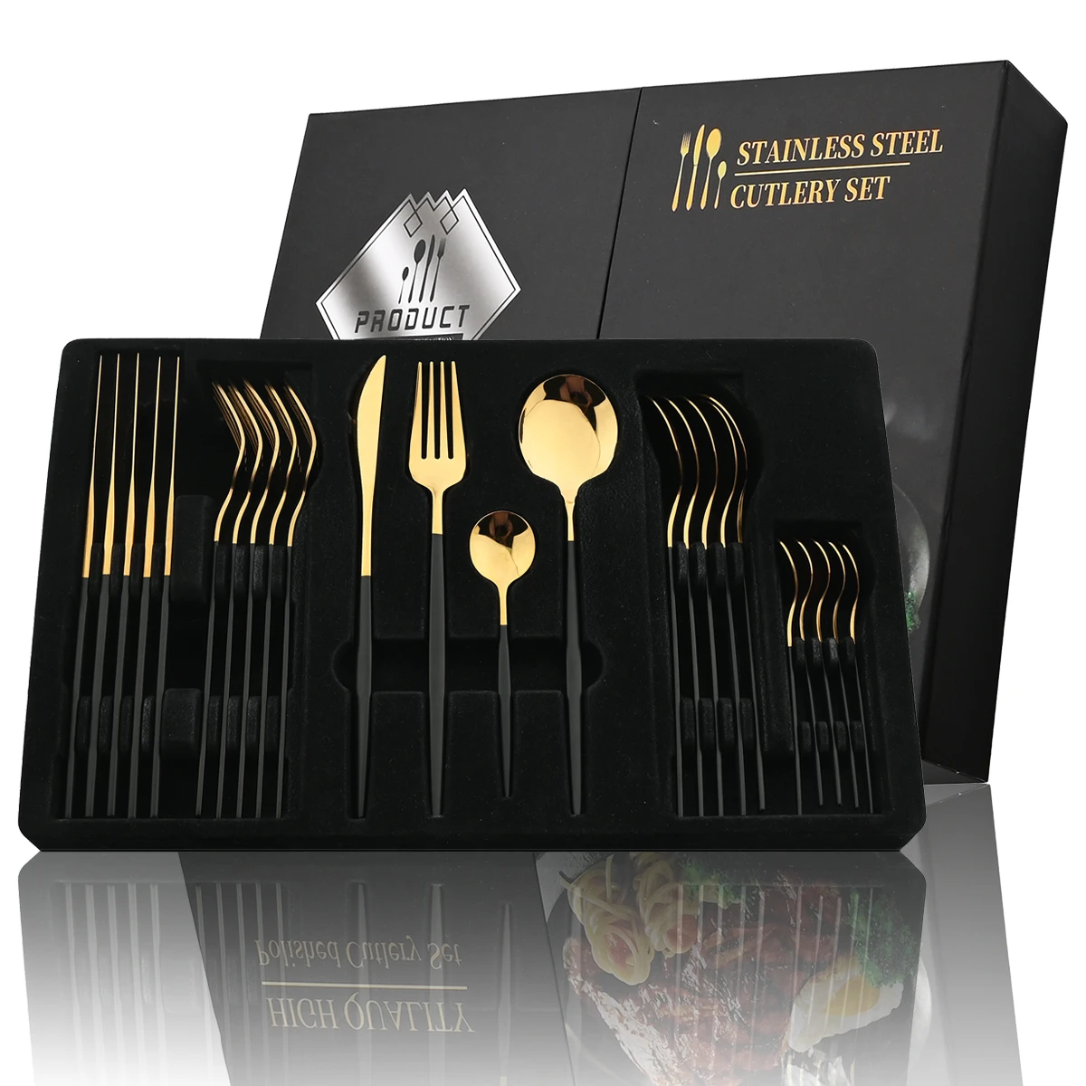 24Pcs Black Handle Golden Cutlery Set Stainless Steel Knife Fork Spoon Tableware Flatware Set Festival Kitchen.jpg Q90.jpg