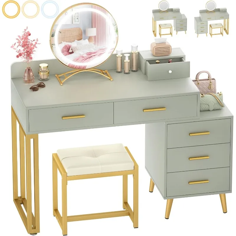 

Vanity Desk with Mirror and Lights, Makeup Vanity Table Set with 6 Storage Drawers, Stool and Divided Organizers, Dressing Table