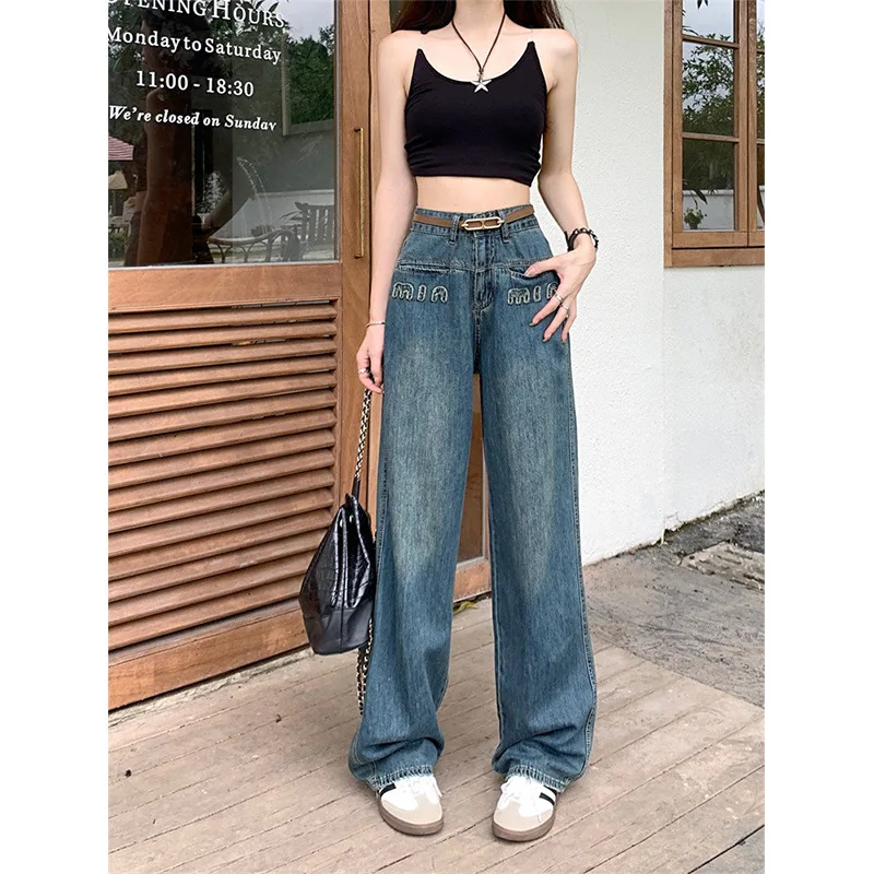 

Straight tube denim women's spicy girl trend embroidered letter jeans 2023 summer loose fitting slim wide leg pants