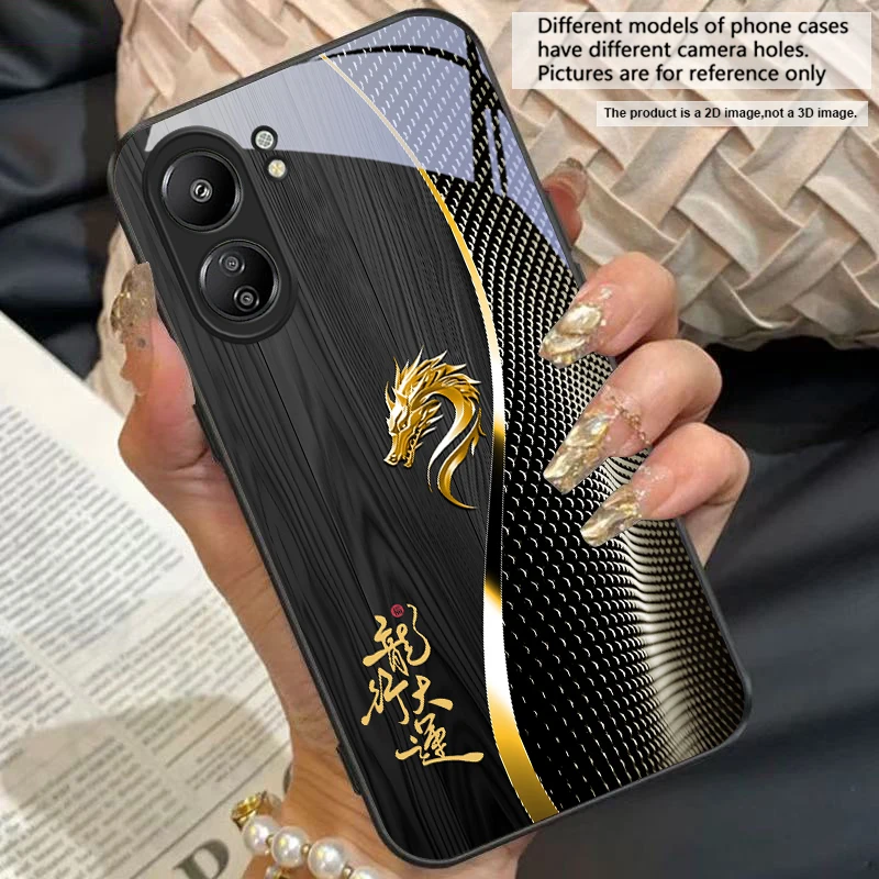 Elegant Black Tempered Glass Phone Case with Traditional Dragon Totem Design