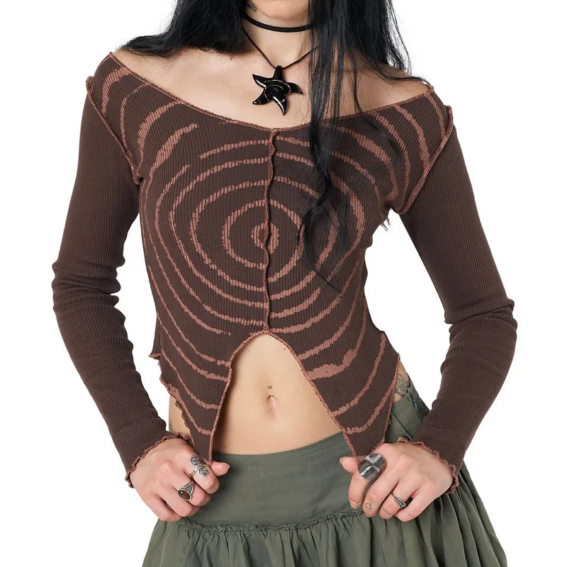 

Женский укороченный топ с принтом, асимметричный подол с открытыми плечами, облегающая футболка с длинным рукавом, Клубная одежда на весну и осень, y2k, уличная одежда