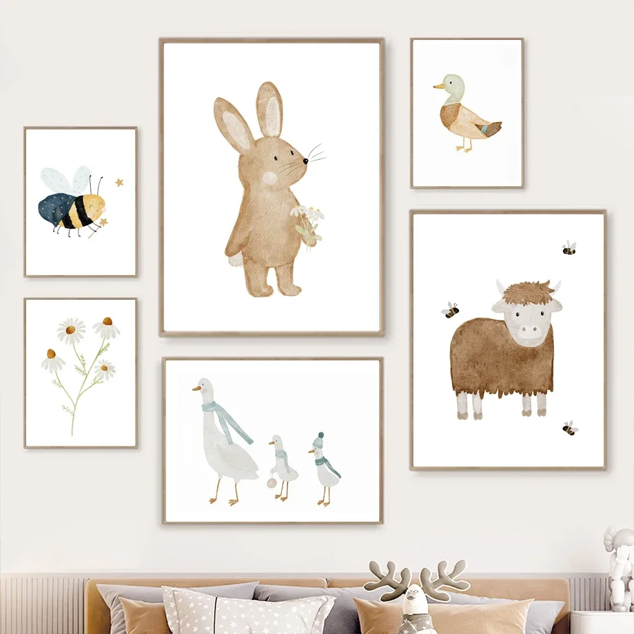 

Boho Rabbit Duck Bee Dog Goose Flower Rainbow Nursery Wall Art Children's Prints Poster Canvas Painting Pictures Kids Room Decor