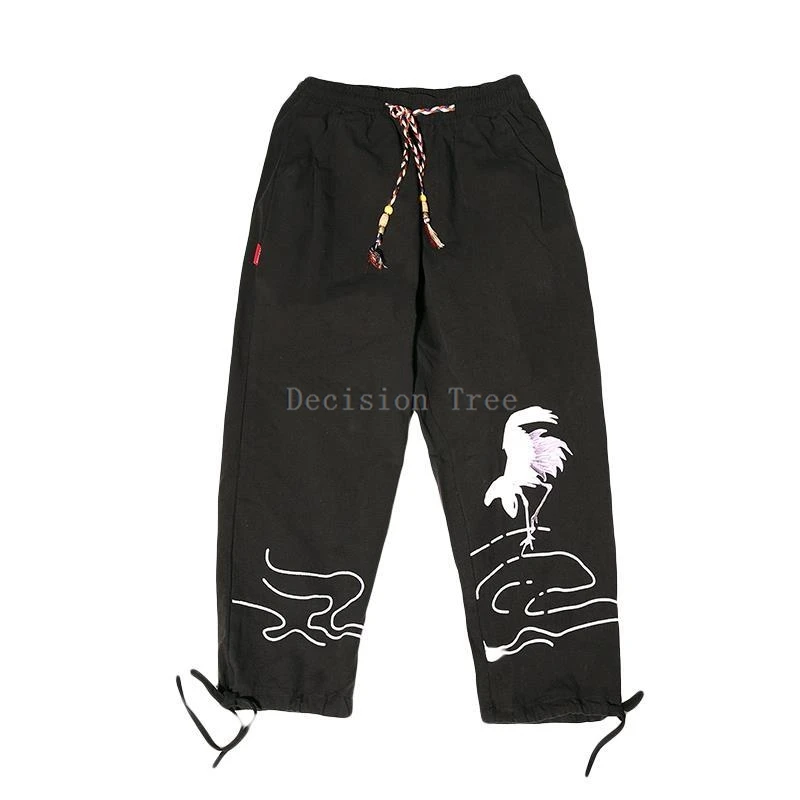 new chinese style men wushu tang suit pants summer loose straight leg pants antique printing leisure cotton linen trousers