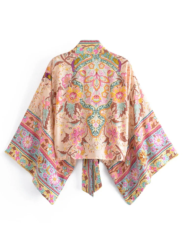 Vintage Peacock Floral Print Short Kimono Women Fashion Rayon Cotton Batwing Sleeves Ladies Beach Robe Bikini Boho Cover-ups 2