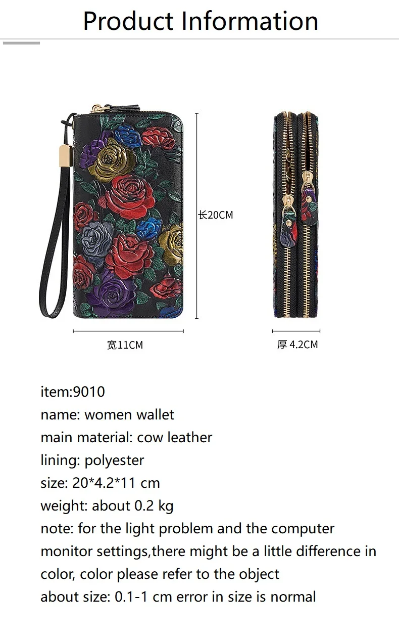 Große Geldbörse aus echtem Leder, RFID-Kartenhalter, Damen-Geldbörse, lange Clutch-Handtasche aus floralem Rindsleder – Detail 4