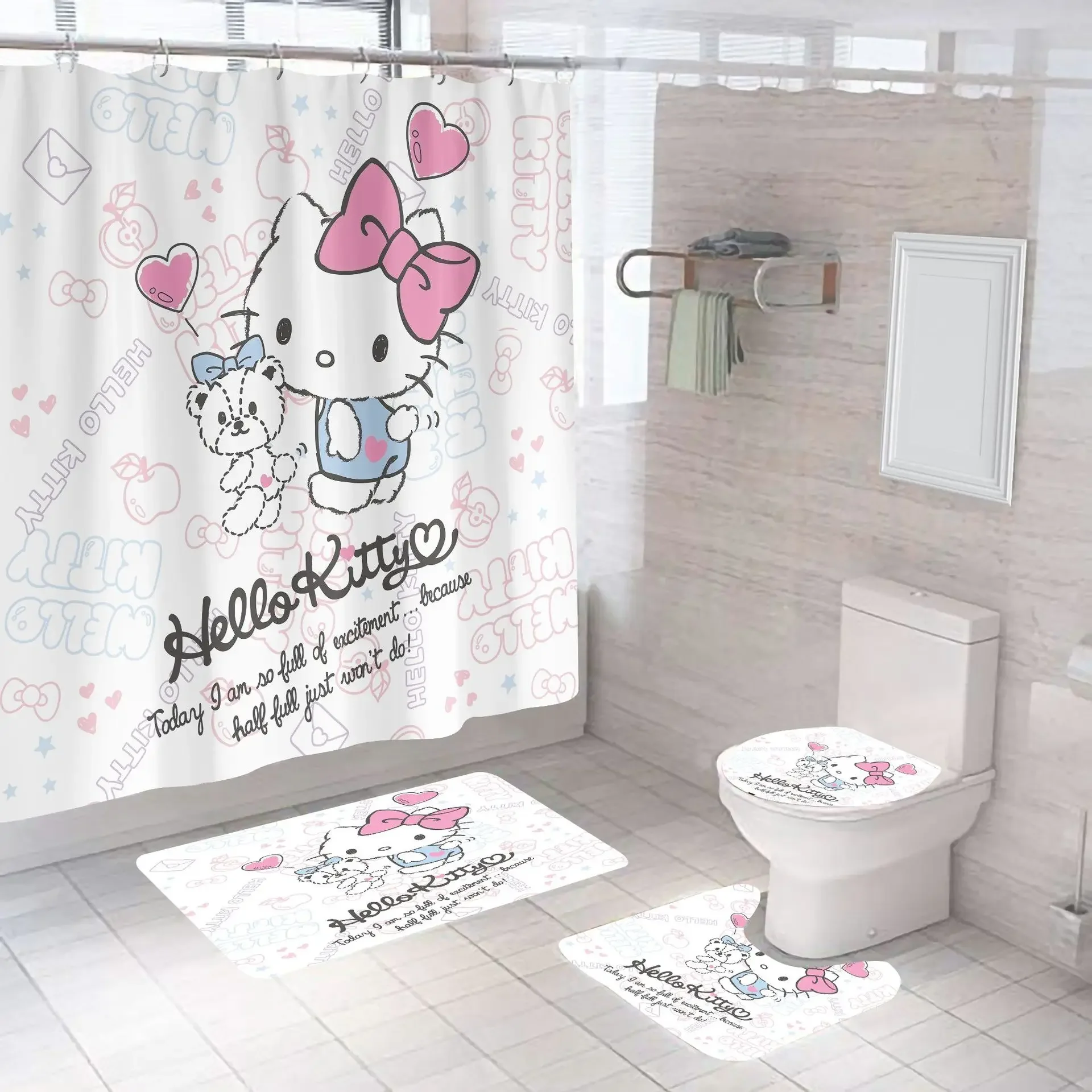 Cute Pink Hello Kitty Shower Curtain Waterproof Bathroom Decor with 10 Hooks