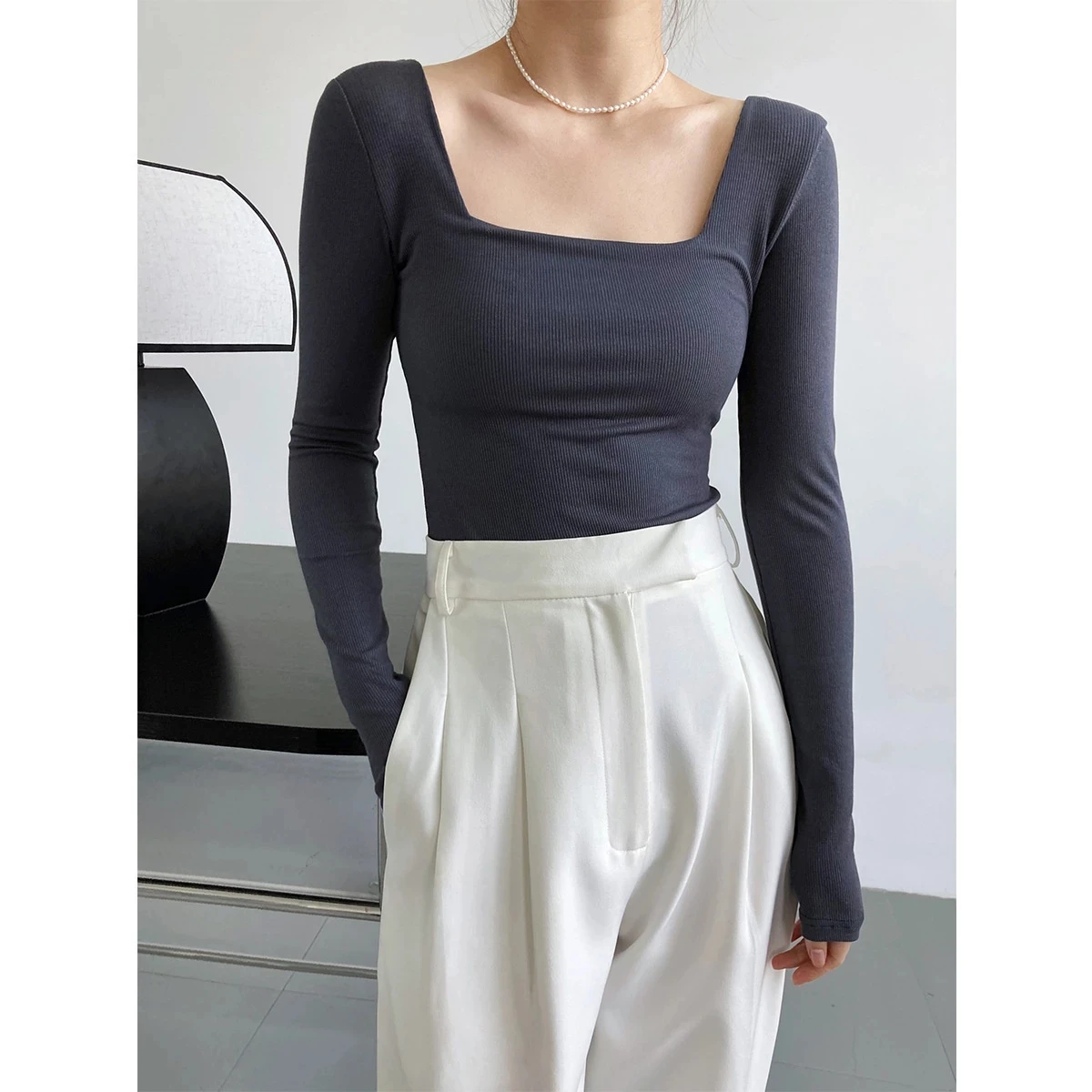 

Long Sleeve Square Collar T-shirts Women Ribbed Cotton Low Collar Gray Khaki Black White Fitted Short Tops Shirt