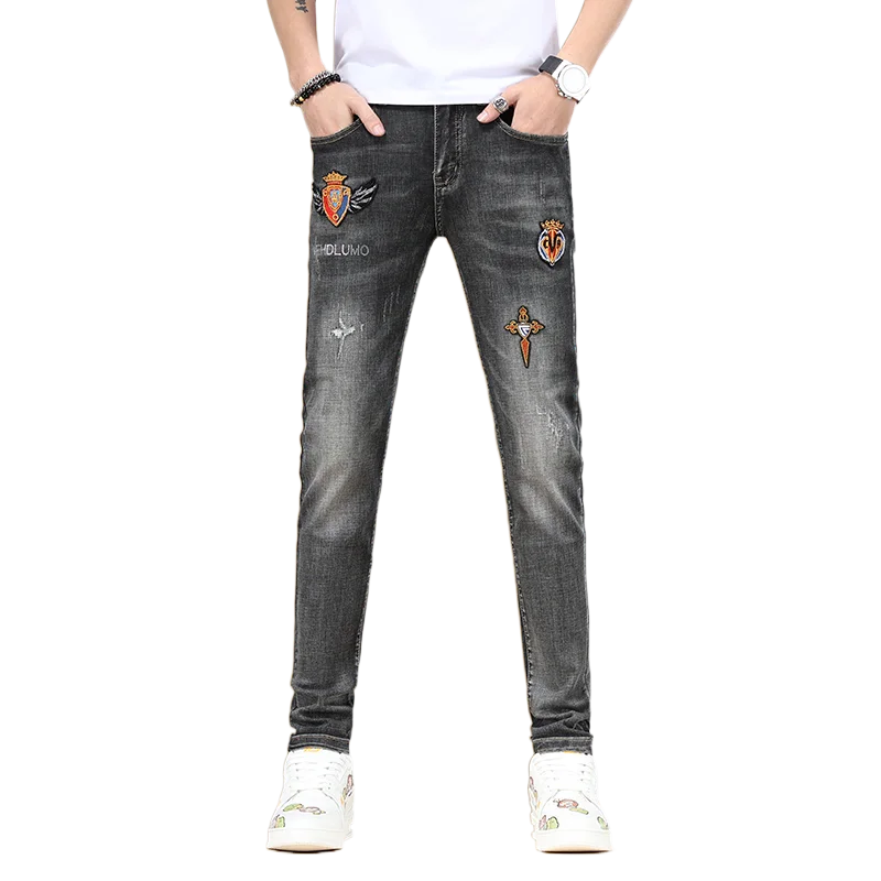 

Korean Style Spring and Summer New Embroidered Jeans Men's All-Match Fit Slimming Straight Pants Stretch Men's Casual Trousers
