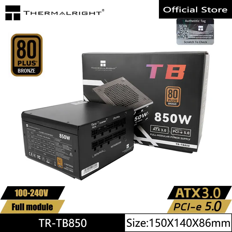 

Thermalright TR-TB850 ATX 80PLUS Bronze Card Chassis Computer Power Supply, ATX3.0/PCI-E5.0 (850/750W)/Full Module/Active Power