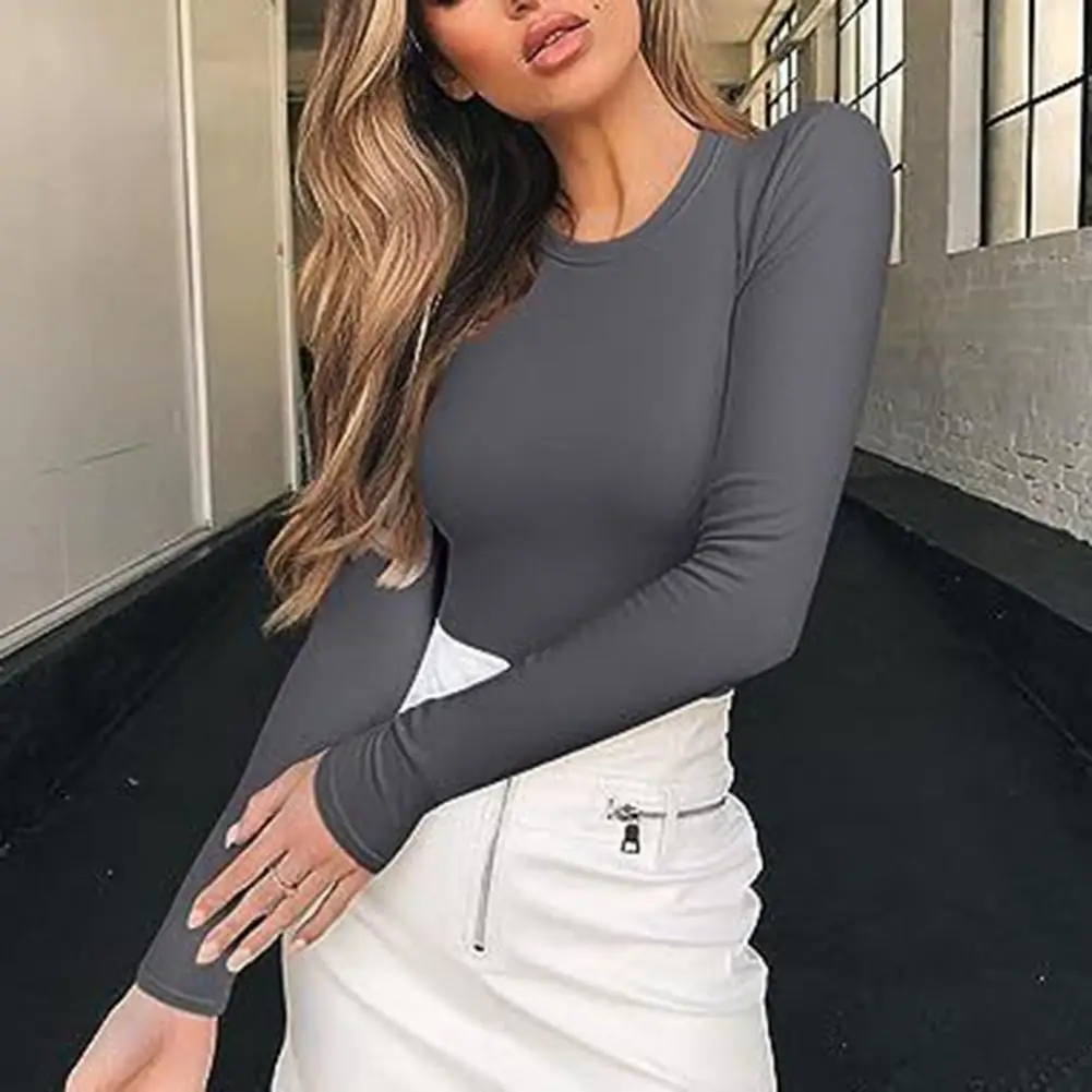 

Women Casual Bottom Shirt Round Neck Long Sleeve Tops Shirt Solid Color Elastic Slim Tee Shirts Autumn Winter Fashion Clothes