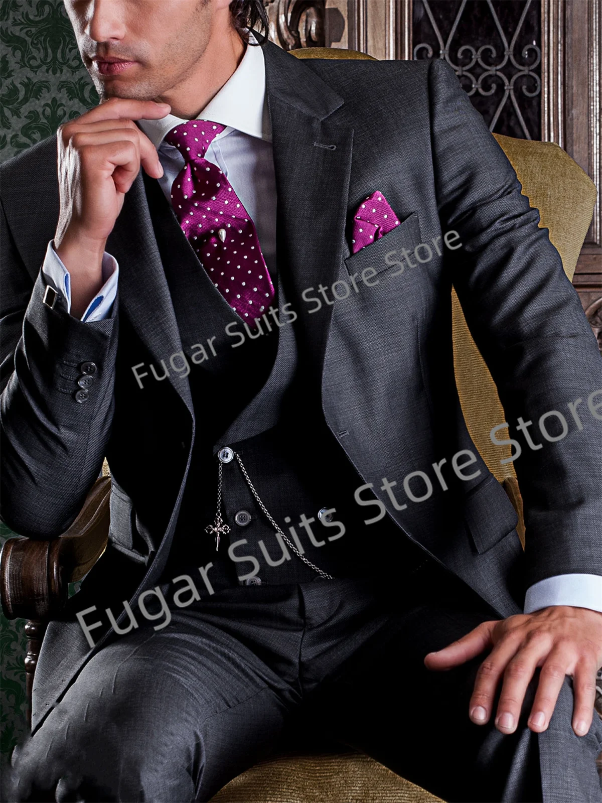 

Luxuly Dark Gray Wedding Men Suits Slim Fit Notch Lapel Groom Tuxedos Prom3 Pieces Sets High Quality Male Blazer Trenos Mascuino