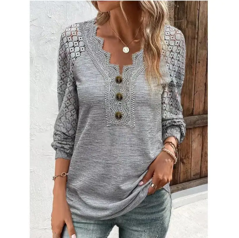 

Autumn Winter Women's T-shirt Abstract Elegant Solid Color Long-sleeved Pullover Hollow Out Lace Stitching V-neck Bottom Shirt