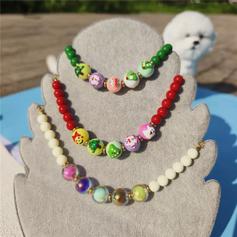 Christmas Beads Personalized Pet Collar Handmake Necklace Jewelry for Puppy Dog Cat Party Birthday Pet Supplies XS-XL