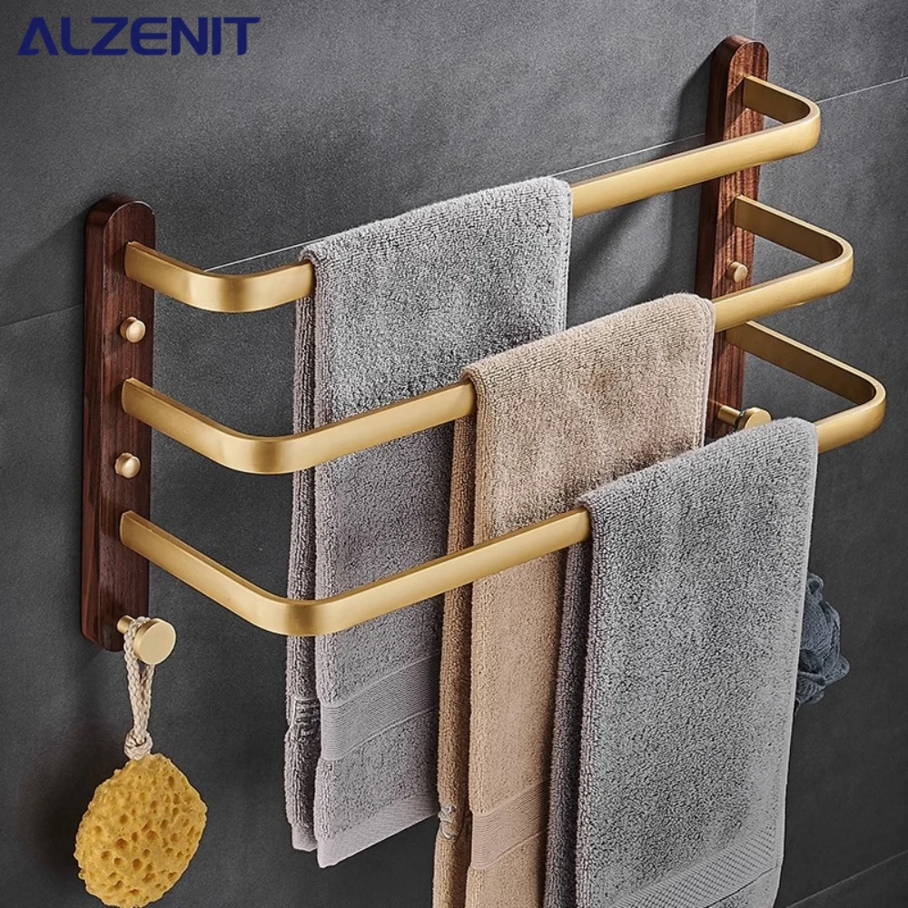 Towel Rack Light Luxury Gold Solid Wood Three Tier Towel Bar Bath Rack Bathroom Shelf Bathroom Hanging Rod Holder Accessories