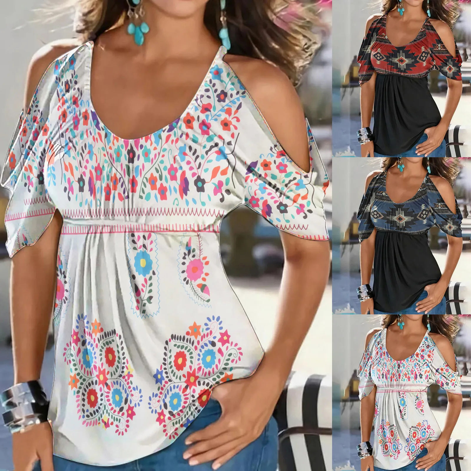 Fashion Floral Print Blouse Shirt Casual Sexy Cold Shoulder Tops Casual Summer Ladies Female Women Short Sleeve Blusas Pullovers