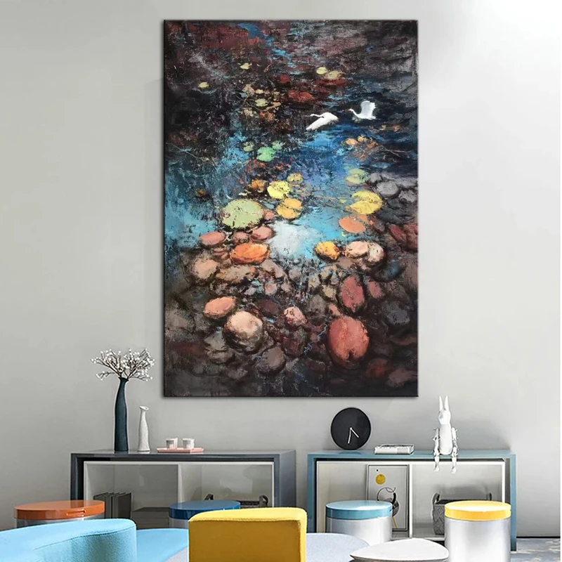 

Пользовательская ручная роспись Абстрактная масляная живопись цветочный Ботанический Сад Искусство Лилия Pad настенное Искусство Холст Прямая поставка