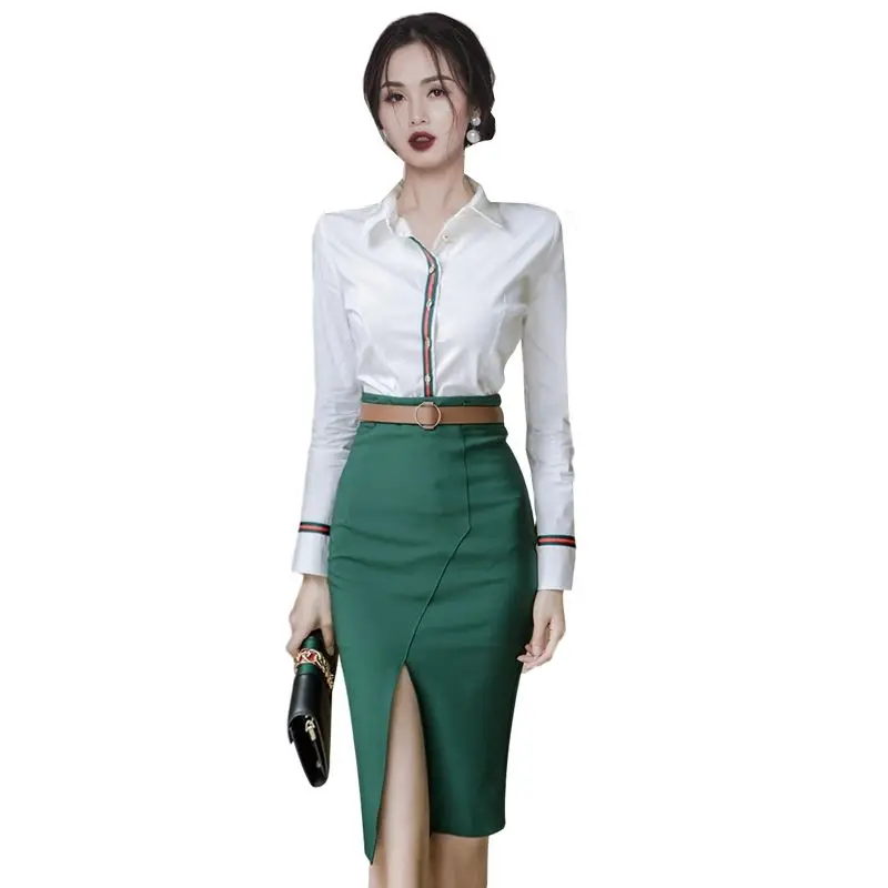 Korean Popular Spring New Professional Chiffon Shirt Slim Skirt Two-piece Elegant Women Skirt Suit Office Manager Outfits