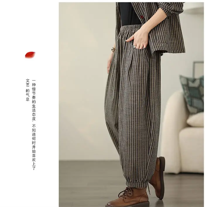 Retro Stripe Cotton And Linen Suit 2024 Women's Autumn Temperament Casual Wide Leg Harem Pants Loose Oversized 2 Piece Set K2478