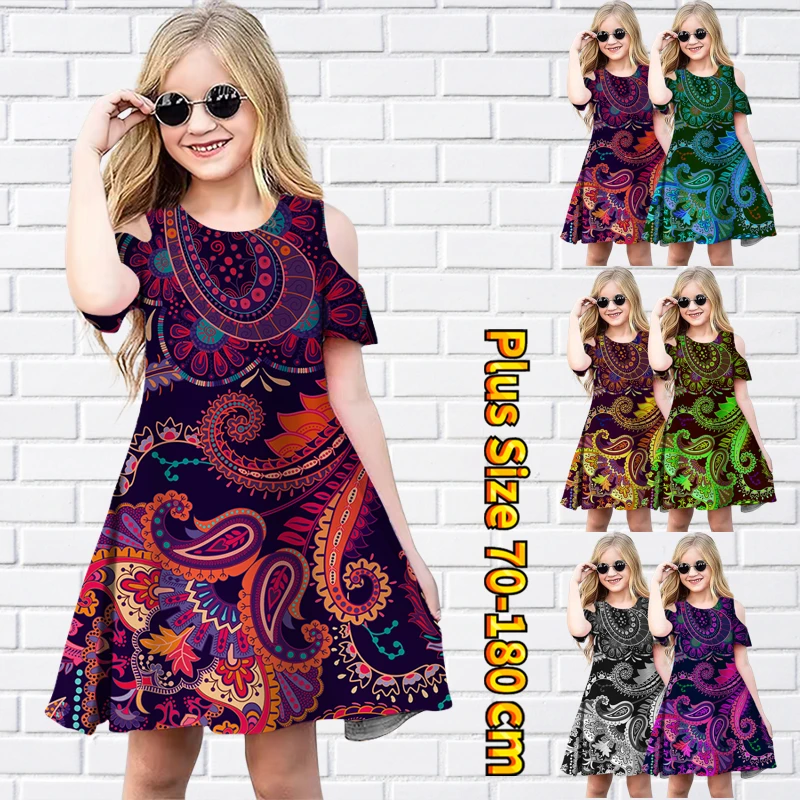 

2023 Summer New Design Printing Midi Skirt Little Girl Round Neck Off-the-shoulder Short Sleeve Skirt Fashion Princess Dress