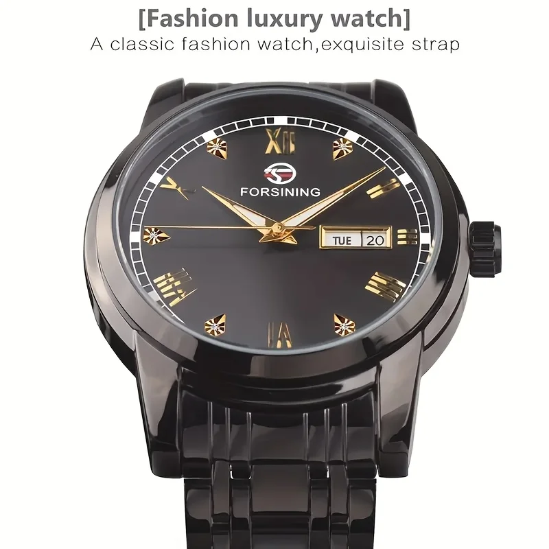 Orologio meccanico automatico da uomo di lusso di alta gamma - Stile business, visualizzazione del calendario alla moda, cassa in lega e cinturino in acciaio inossidabile, elegante design ritagliato_voghion.com