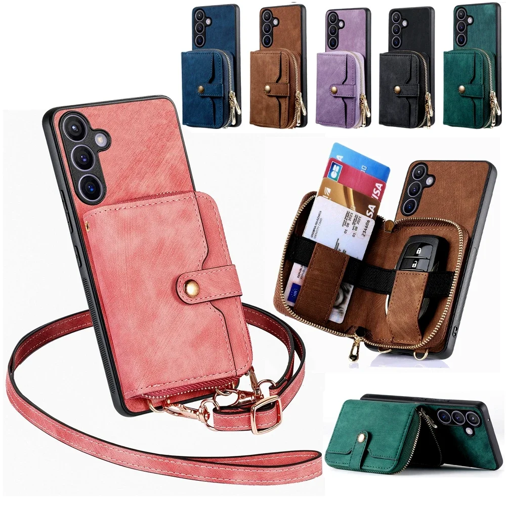 Leather Phone Cover with Zipper Wallet and Lanyard Stand Feature