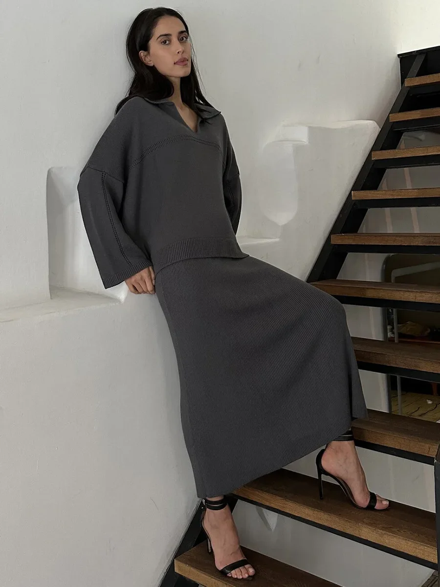 Bornladies Autumn Winter Women V-neck Knitted Sweater Skirt Set Fashion Solid Basic Pullover Top Warm Loose Knitted 2-piece Set