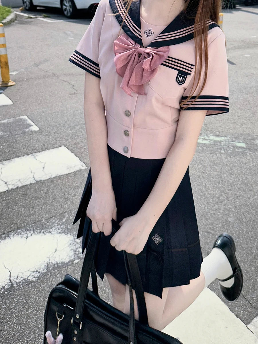 Japanese College Style Student JK Sail Uniform Summer New Fashion High Waist Slim A- Line Mini Skirt Women Elegant Pink Shirt