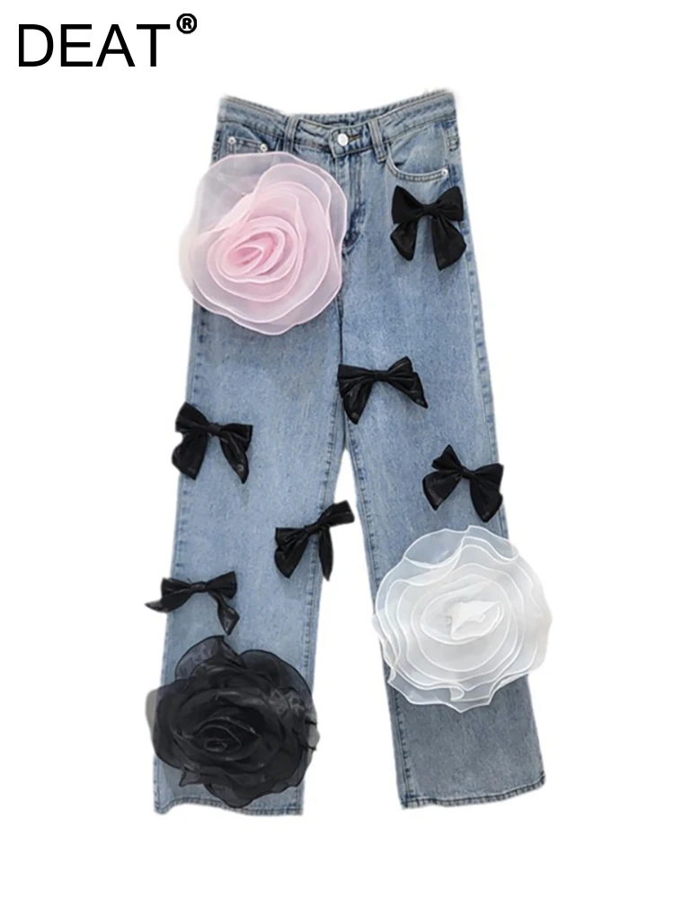 

DEAT Women's Jeans High Waist Loose Straight Spliced Black Bow Big Flower Blue Denim Pants 2024 Summer New Fashion 11A0383
