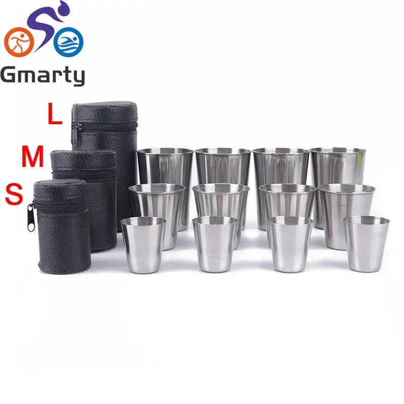 Outdoor Camping Cup Tableware 30ml/70ml/170ml Travel Cups Set Stainless Steel Cover Mug Drinking Coffee Tea Beer With Case