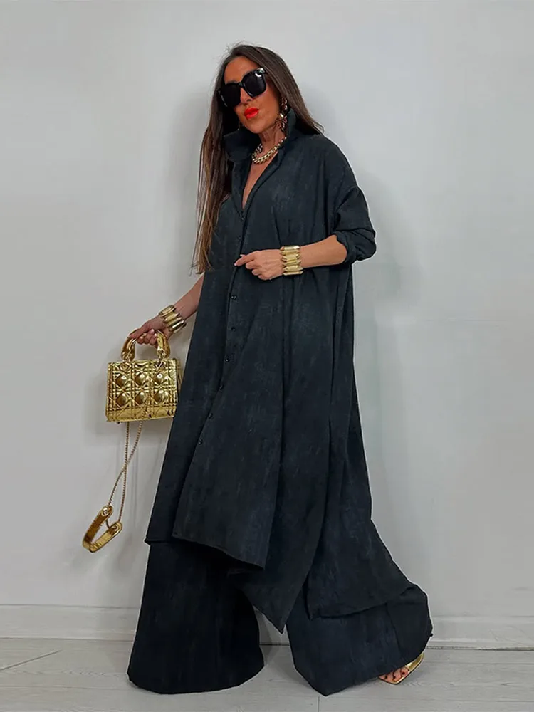 موضة المرأة بنطلون فضفاض الدعاوى كم طويل زر بدوره...