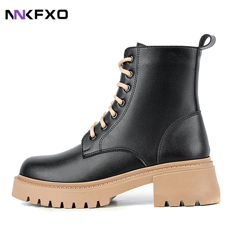 

Women Leather Motorcycle Boots Round Toe Lace Up Shoes Thick Med Heel Ladies Ankle Boots Autumn Winter 40 Vc4921
