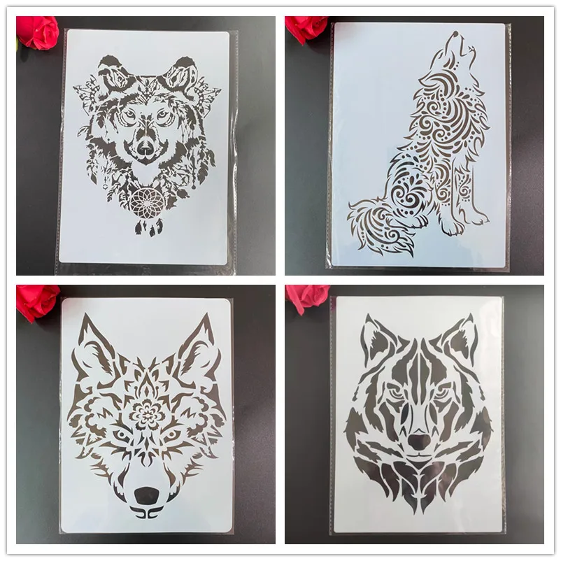 

4pcs / set A4 Mandala Wolf Stencils Painting Coloring Embossing Scrapbook Album Decorative Template stencil paris CN(Origin)