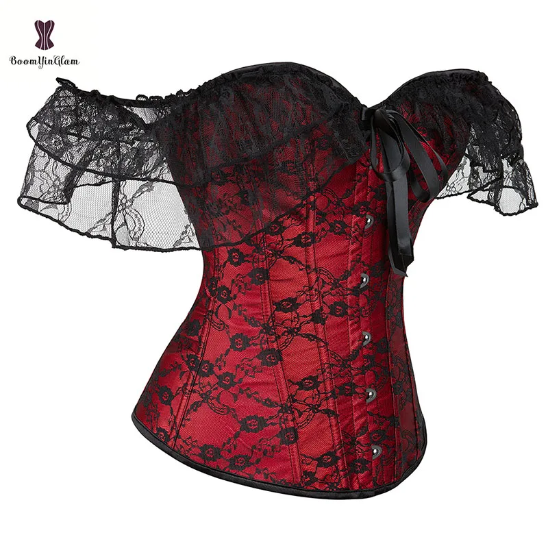 Red Floral X-mas Lingerie Women Outfit Steam Punk Clothing Off Shoulder Lace Up Boned Corsets And Bustiers Victorian Corselet