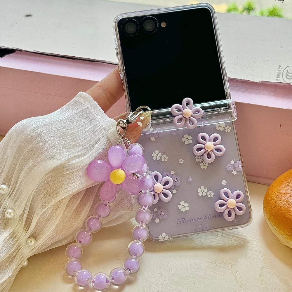 2-in-1 Lovely 3D Rotating Flower Phone Case with Wrist Chain - Shockproof Hinge Protection Cover