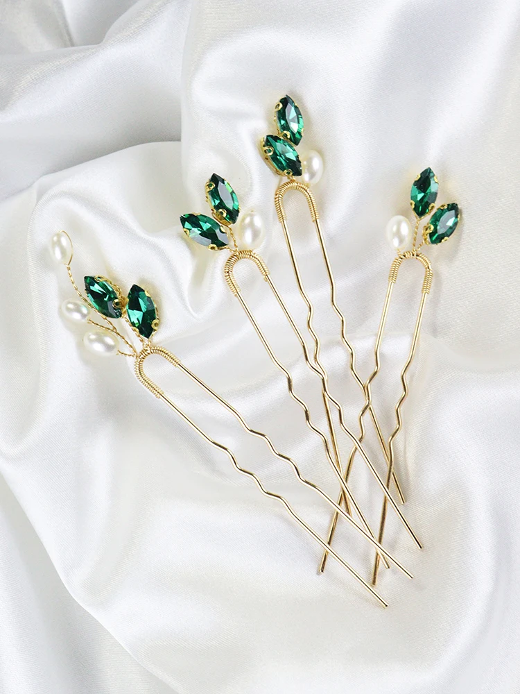 4PCS Hair Pins for Women Head Jewelry Wedding Hair Accessories Green Red Rhinestone Handmade Bridal Headwear Prom Bride Headwear
