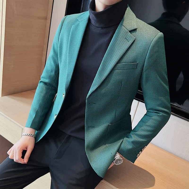 

High-quality Houndstooth Men's Blazers Slim Fit Casual Business Dress Suit Jacket Streetwear Wedding Social Coat Groom Masculino