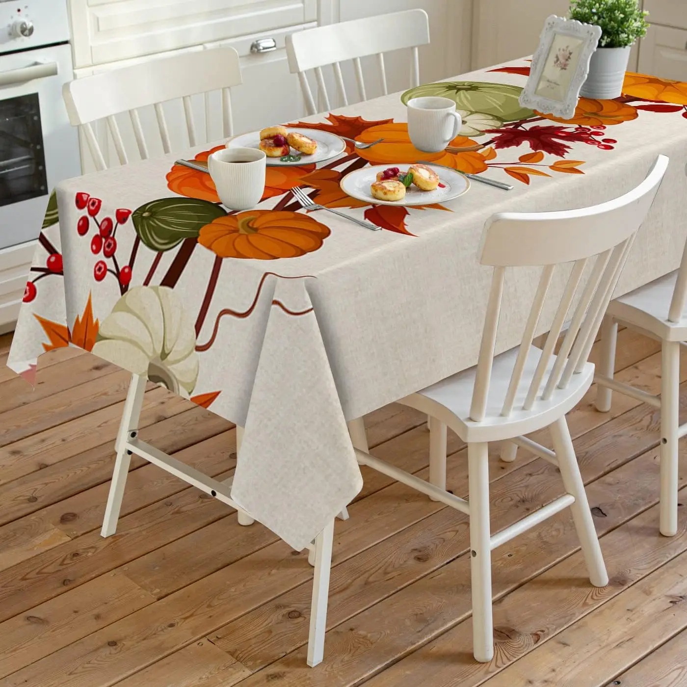 가을 추수감사절 방수 테이블보, 테이블 장 가을 수채화 호박 단풍잎 테이블보, 웨딩 장식