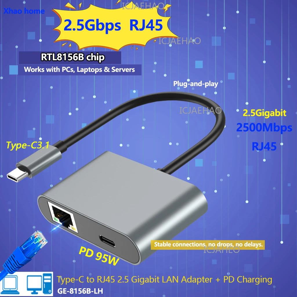 2500Mbps USB C-이더넷 어댑터 95W PD 타입-C 충전 포트 2.5Mbps RJ45 네트워크 어댑터 (노트북 PC 네트워크 카드 RTL8156B)