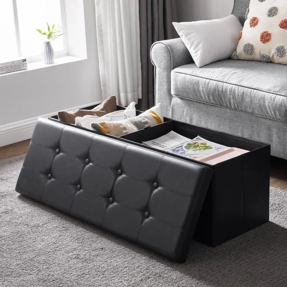 43" Storage Ottoman Bench Leather Footstool Hold up to 660lb for Bedroom Black