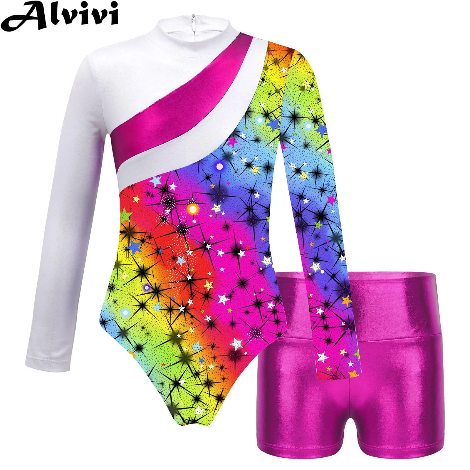 Child Girls Ballet Dance Leotard Long Sleeve Print Gymnastics Bodysuit