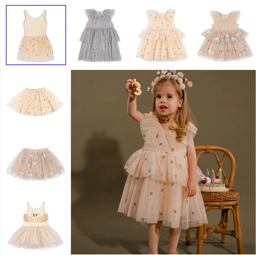 

2024 Summer New Children's Wear ks Cherry Print Dress fashion Kid Gauze Half Skirt Girls Sundress High Quality Clothing