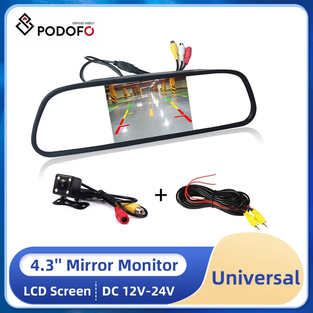 

Podofo Car HD Video Auto Parking Monitor 4.3" TFT LCD 4 LED Night Vision CCD Car Rear View Camera Car Rearview Mirror Monitor