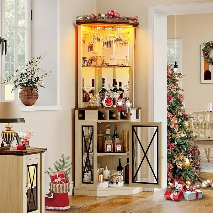 Corner Bar Cabinet with LED Lights 72" Tall Farmhouse Wine Bar Cabinet W/Visualization Glass Door & Adjustable Shelves