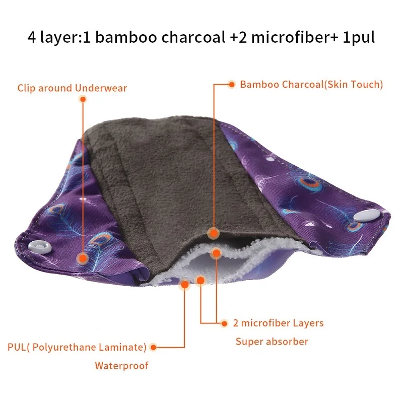 5Pcs Bamboo Charcoal Menstrual Pads Heavy Flow Sanitary Pads Reusable Sanitary Napkin Women's Panties Washable Cloth Gaskets 3