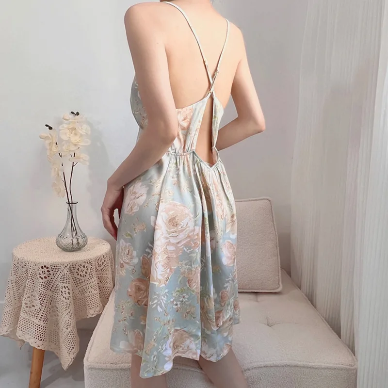 

Women Backless Nightwear Sexy Floral Printing Nightdress Sleepwear Nightshirts Silk Sleepshirts Nightgowns for Female Pajamas