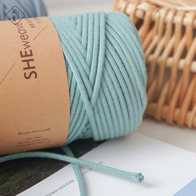100 m/roll 3mm colorfulpure cotton core-spun cotton rope 21 yarn handmade diy material creame braided thread 3