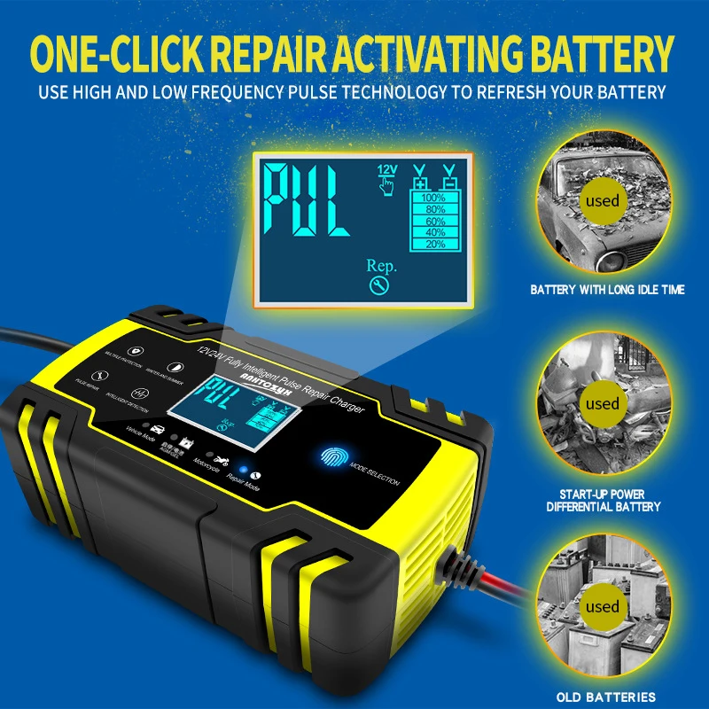 

Car Battery Charger Auto 12/24V 8A Smart Full Automatic Soft Starter Acid Battery Chargers Digital LCD Display Start-Up for Car