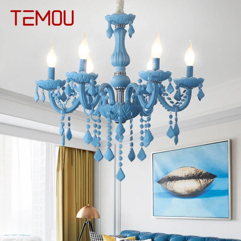 

TEMOU Blue Crystal Pendent Lamp Art Candle Lamp Children's Room Living Room Restaurant Bedroom Cafe Clothing Store Chandelier