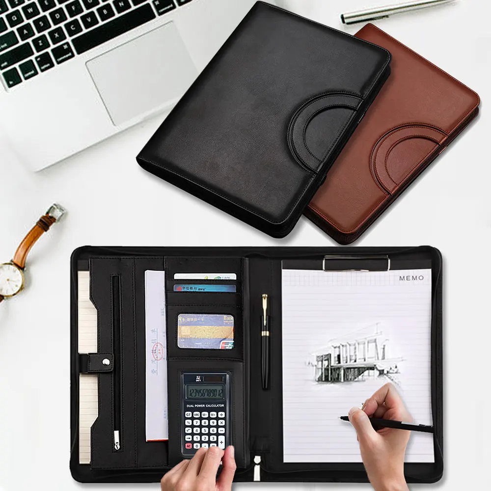 A4 Business Padfolio File Folder Portfolio Pu Leather Briefcase Calculator Notebooks Card Holder Office Document Organizer