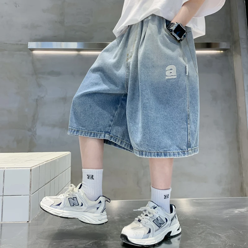 클래식 키즈 데님 반바지 남아용 루즈핏 그라데이션 여름 반바지 십대 아동 캐주얼 무릎 길이 청바지 5 7 9 11 13 14세